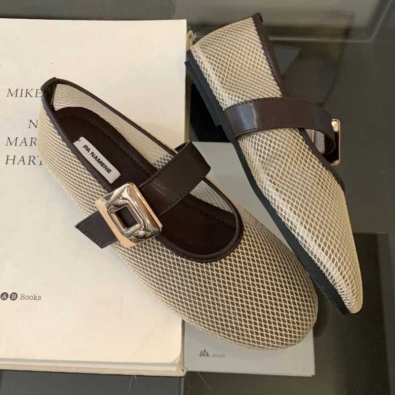 Mesh Breathable Ballet Flats Women Metal Belt Buckle Round Toe Shallow Comfy Beach Shoes Female Fashion Mary Jane Shoes H260512
