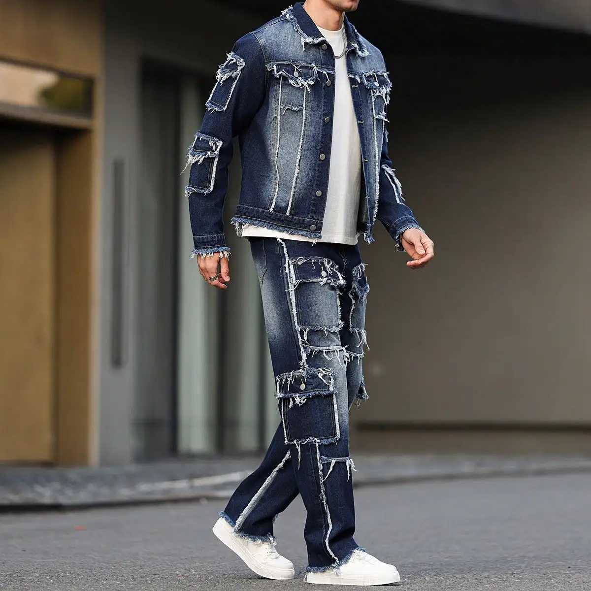 Mens spring and autumn denim suit multi - pocket design wide straight - leg pants style M260320