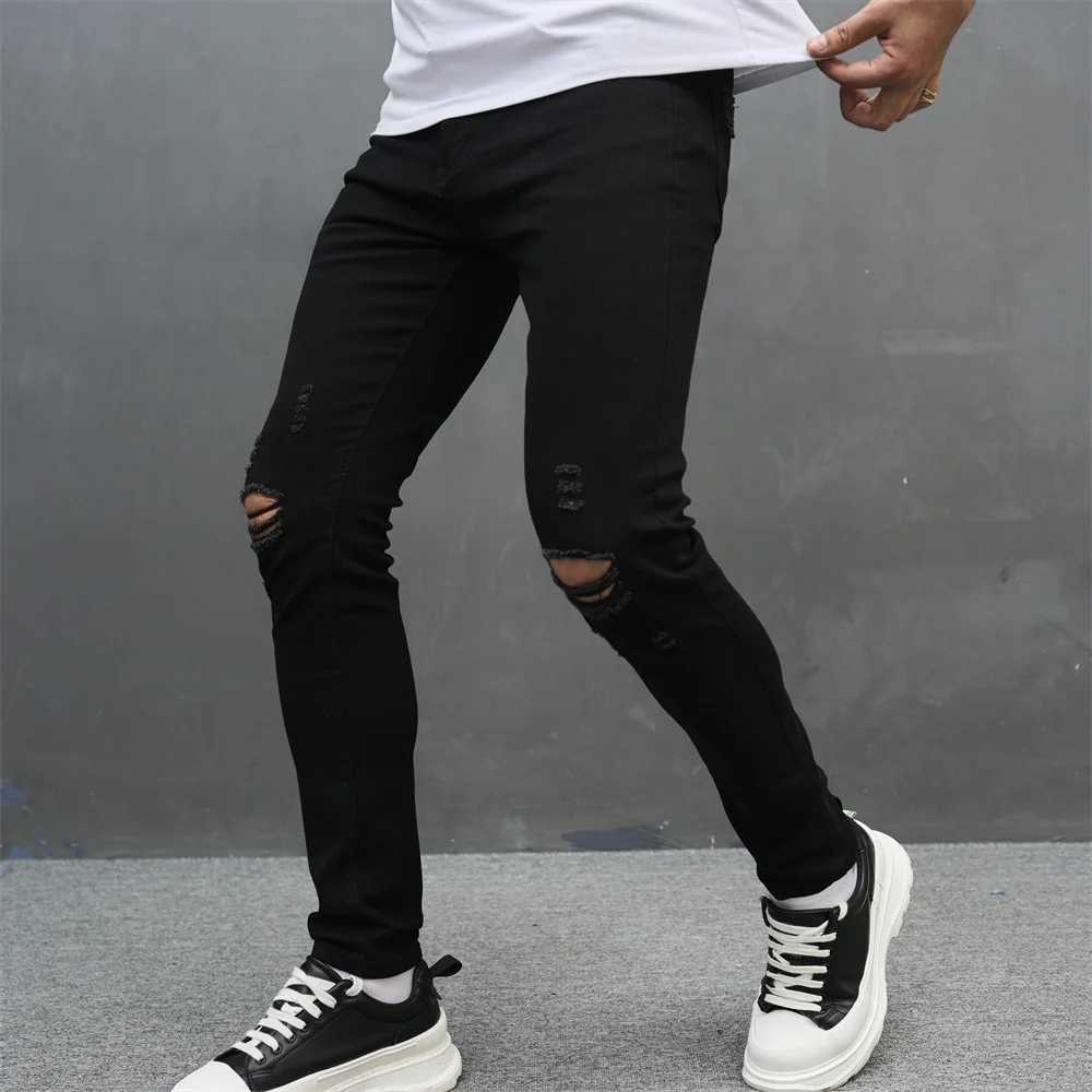 Men Simple Solid Holes High Street Stretch Skinny Jeans Pants Male Distressed Slim Pencil Jogging Denim Trousers D260320