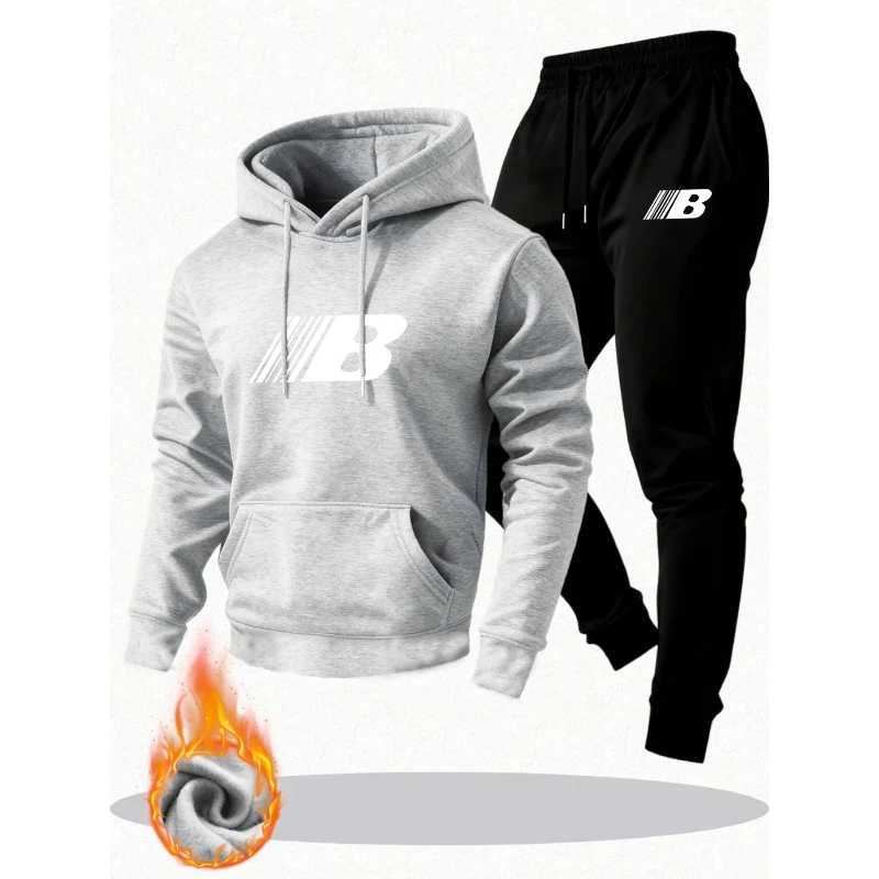 MenS Warm Two-Piece Set - Cozy Hoodie Joggers with Print Casual Long Pants Perfect for Fall/Winter M260320