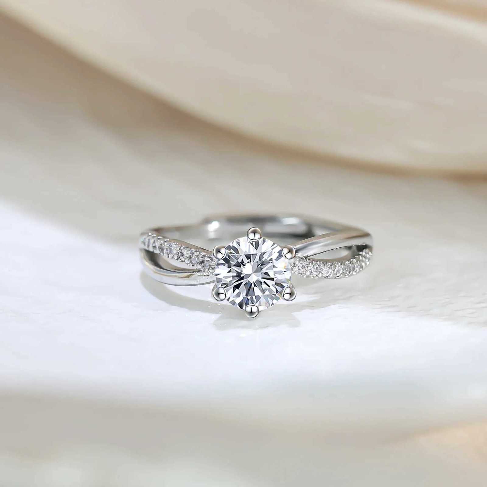 Classic 4-Prong Solitaire Ring with Micro-Pav Accent Stones Crisscross Band - 925 Silver Plated White Gold Engagement Promise H260320 - view 3