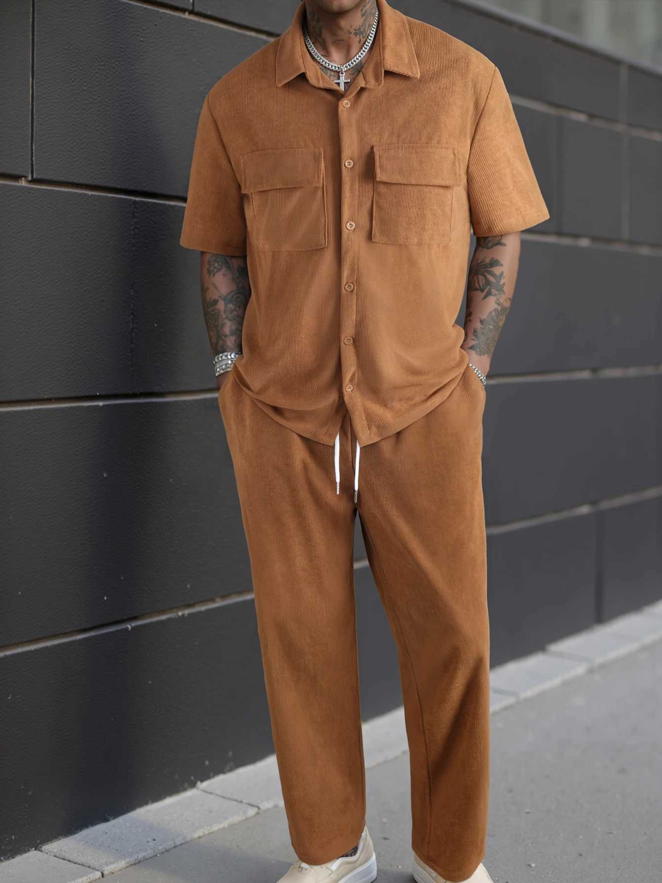 New 2pcs Set Mens Short Sleeve Shirt Pants Suits for Men Beach Wear Tracksuit Solid Color Shirts Sweatpants Hawaiian Vacation M260320