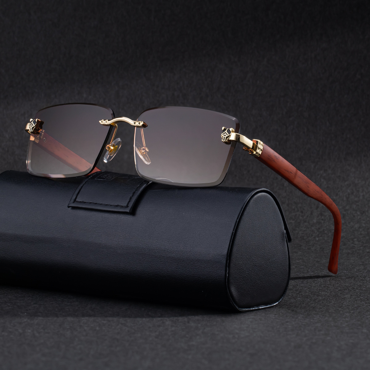 Luxury Brand Designer Jewelry 2026 New European And American Fashion Frameless Sunglasses For Men, Retro Wood Grain Temples, Leopard Head Design, Sun 