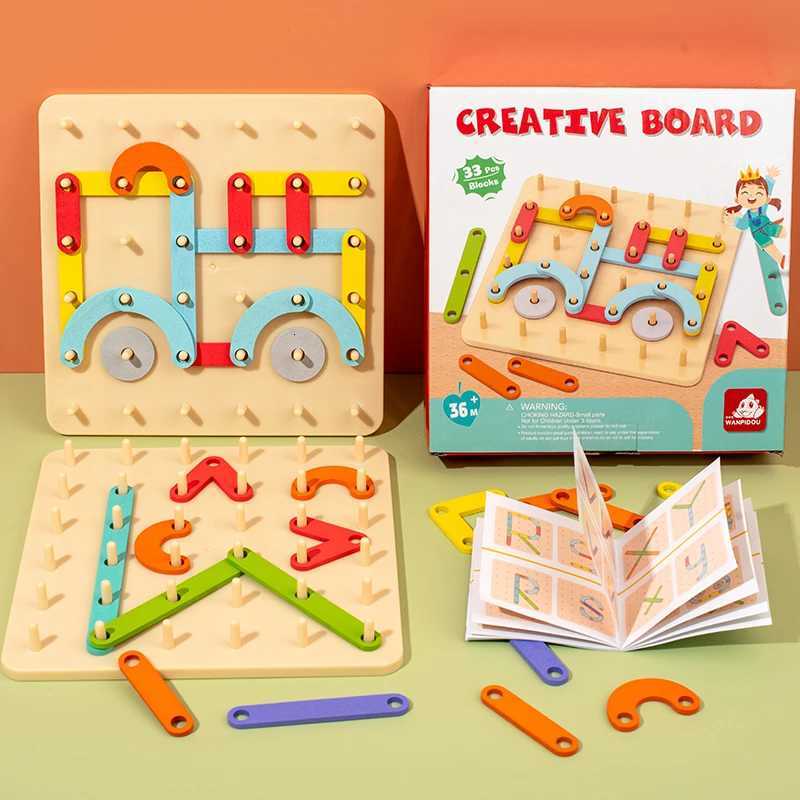 Children Wooden Toys Creative Board Nail Board Geometric Column Set Construction Puzzle Geometric Pegboard Montessori Sensory Y260319