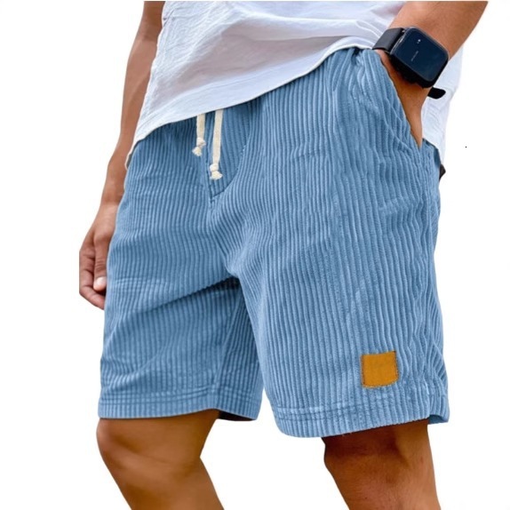 New mens corduroy shorts with embroidered leather label stylish lace-up versatile and casual