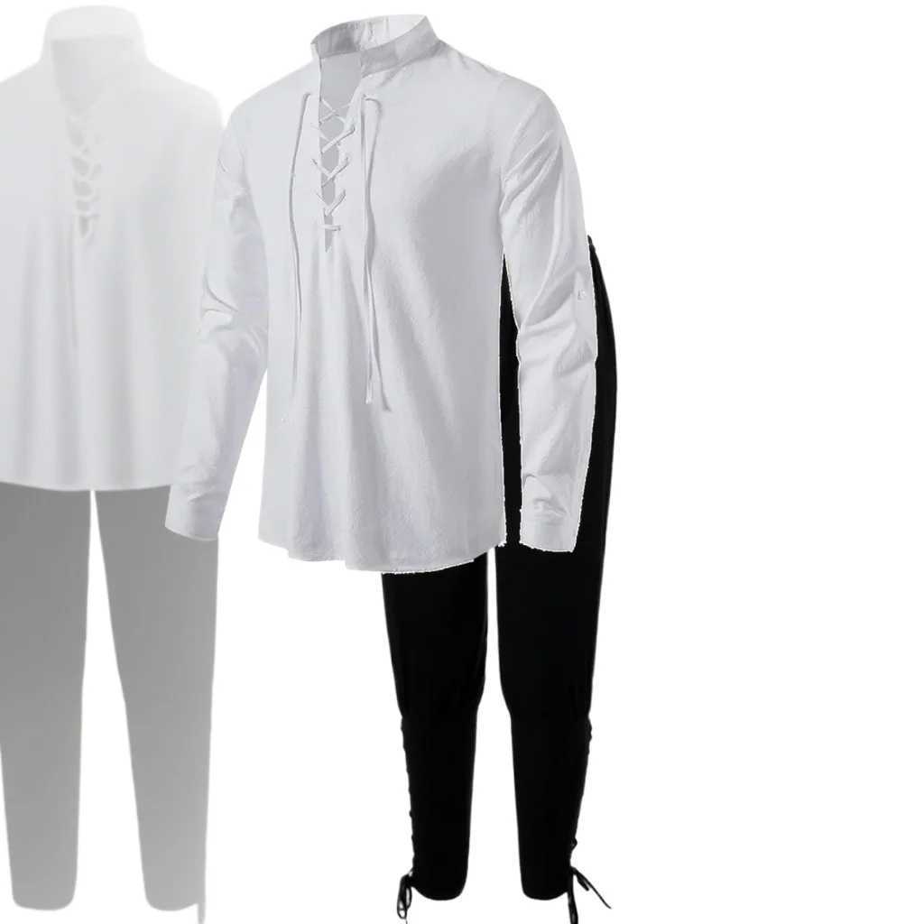 2Pcs Retro Vintage Medieval Renaissance Cosplay Costume Outfits Pirate Viking Halloween Casual Daily LARP Ren Faire Shirt Pants M260320