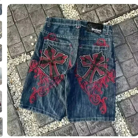 Retro Diamonds Patch Embroid Denim Shorts Goth Y2K Baggy Short Jeans Harajuku Cargo Pants Streetwear High Waist Wide Leg Shorts 260316