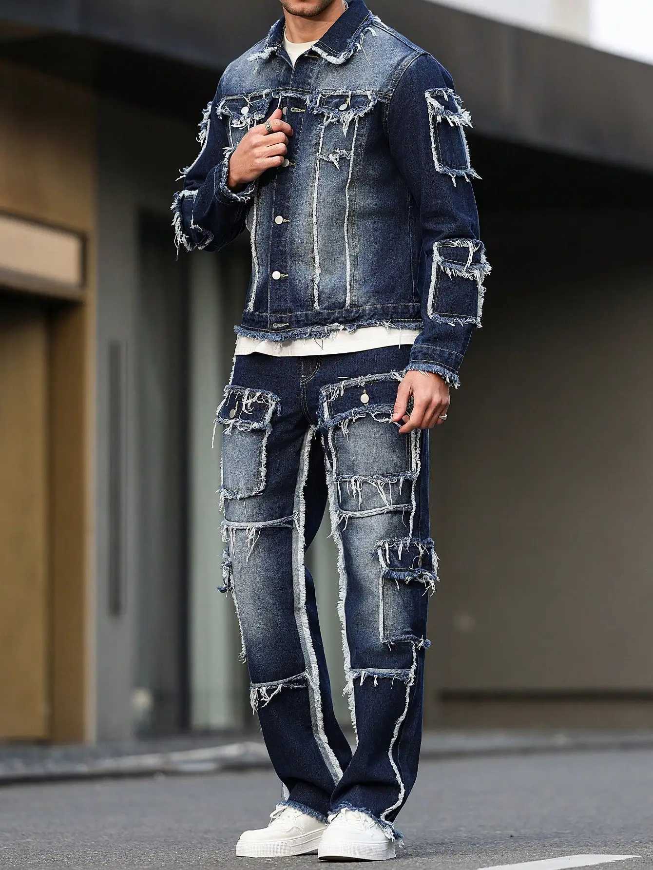 Mens spring and autumn denim suit multi - pocket design wide straight - leg pants style M260320