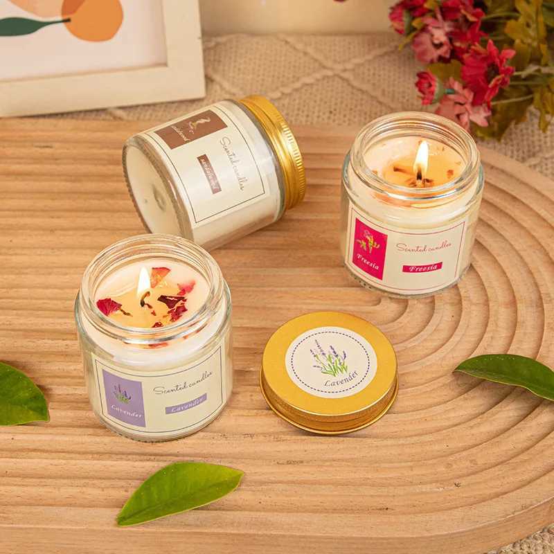 Lavender Scented Candles with Glass Jar Packaging and Gold Lid - Aromatherapy Accents Relaxing Bedroom Living Room Fragrance H260319