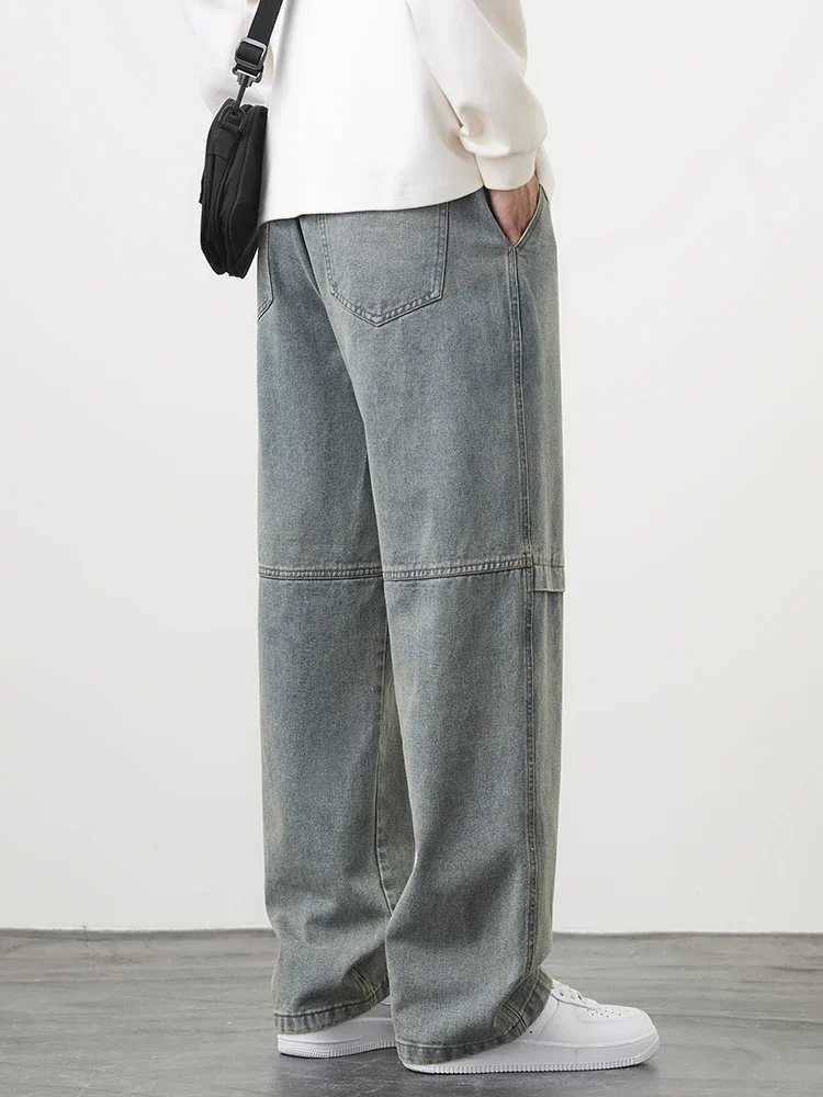 8XL New Retro Blue Mens Jeans Large Size String Banding Wide Leg Denim Pants Cotton Casual Straight Jean Trousers 6XL 7XL D260320