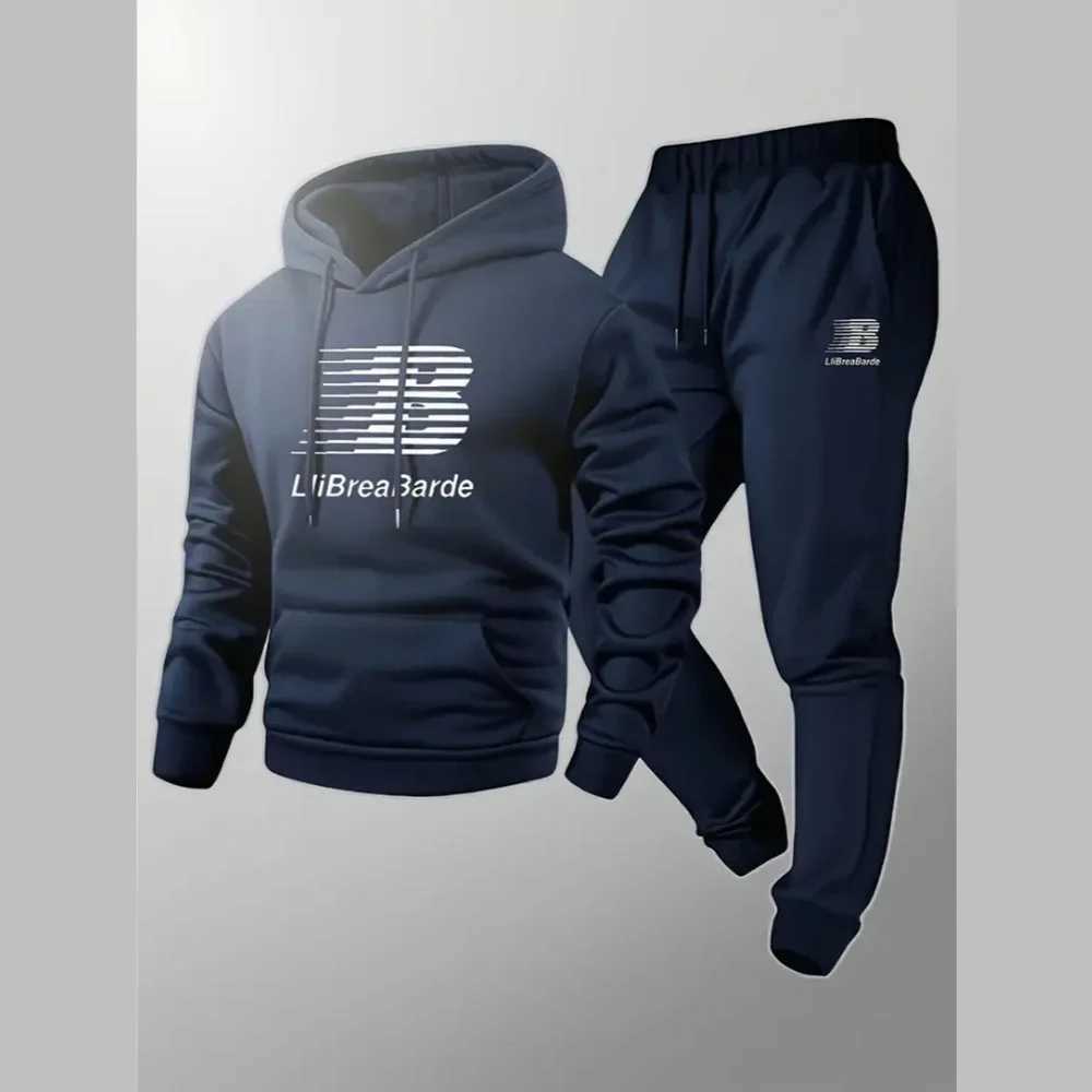 Mens Letter Printed Casual Hooded Sports Set -100 Polyester Fiber Long Sleeved Pullover Paired with Drawstring Running Pants M260320