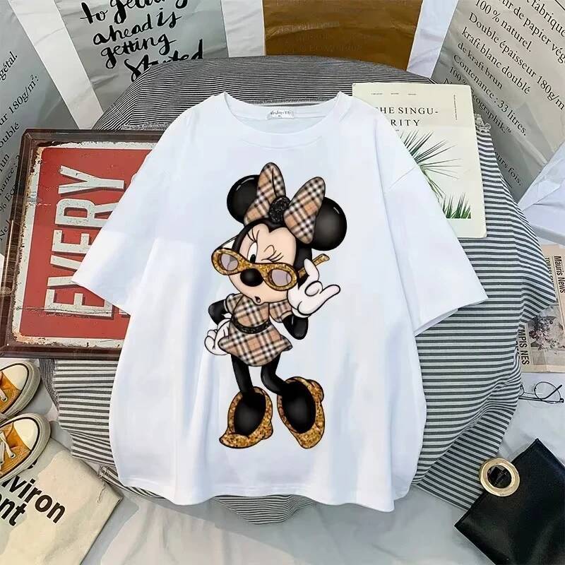 Disney New Kawaii Fun Printed Fashion Summer Cartoon Minnie Top Y2K Women's Extra Large Cotton T-shirt
