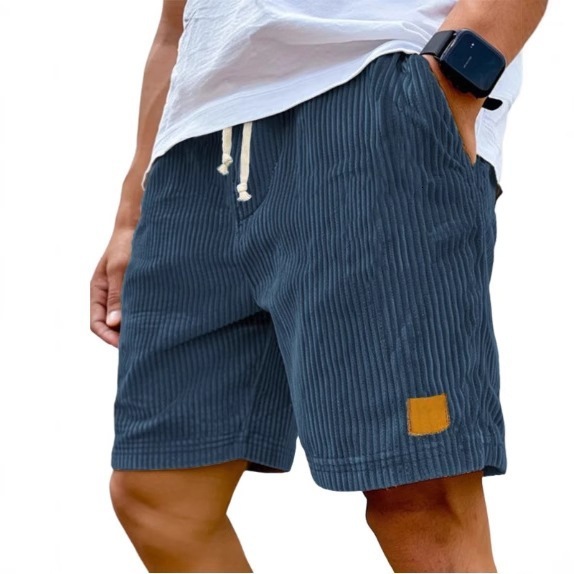 New mens corduroy shorts with embroidered leather label stylish lace-up versatile and casual