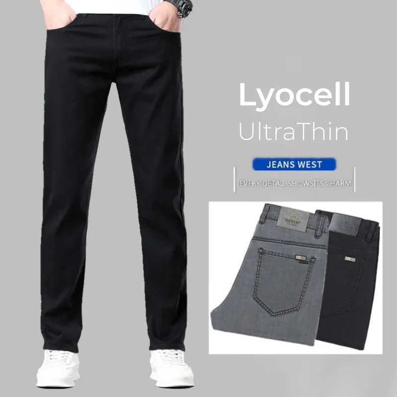 Summer Lyocell Ultra-thin Jeans Men Straight Stretch Breathable Denim Pants Fashion Business Casual Male Trousers Black Gray D260320
