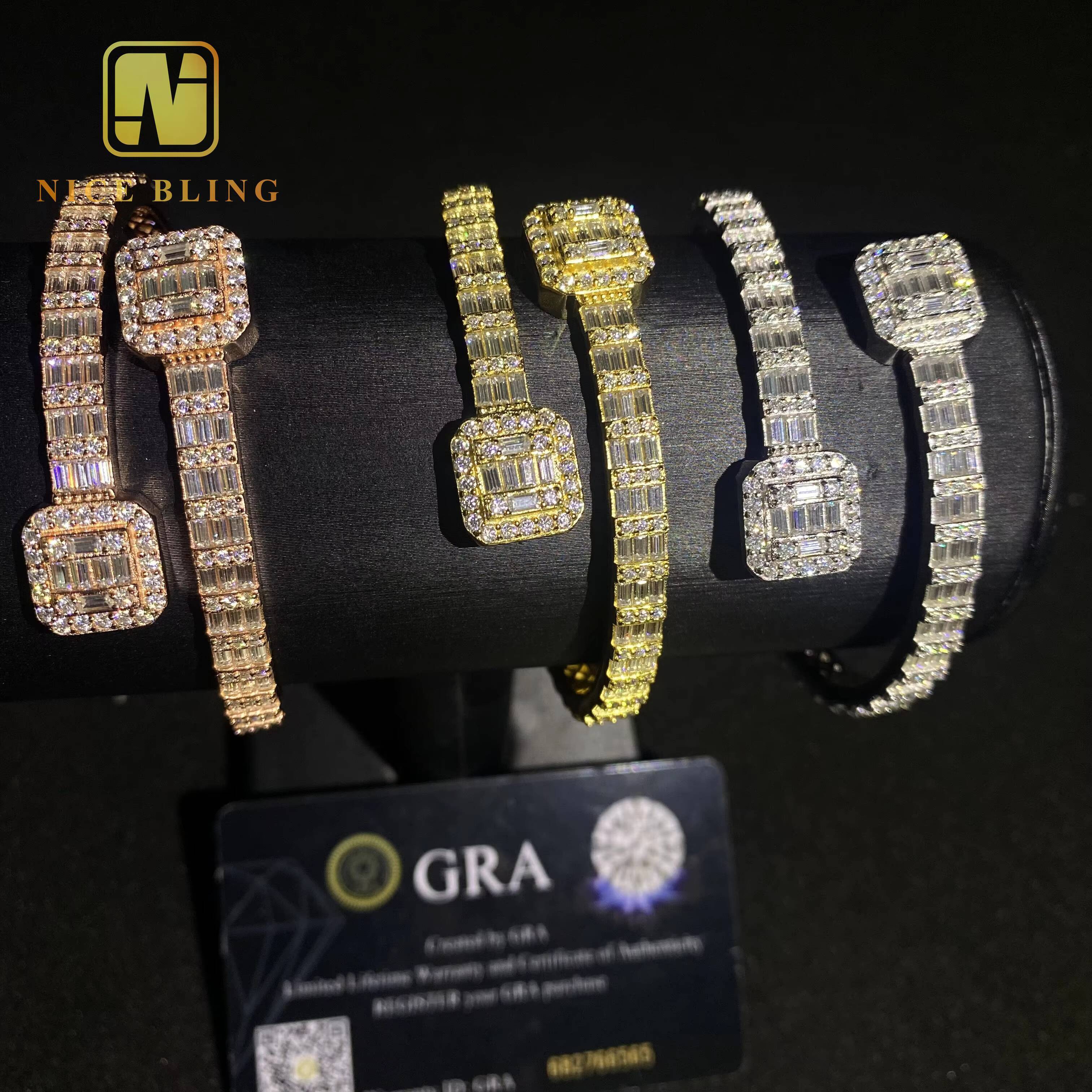 Fashion Iced Out Hip Hop Jewelry Bangle VVS Baguette Moissanite Diamond Cuban Link Chain 925 Sterling Silver Bangle Bracelet