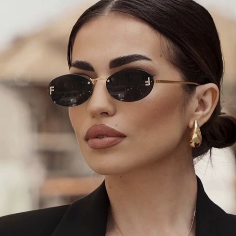 Luxury Brand Designer Jewelry Letter F Frameless Rhinestone Sunglasses Oval Frame Fashion Sunglasses European And American Trend Small Frame Decorativ