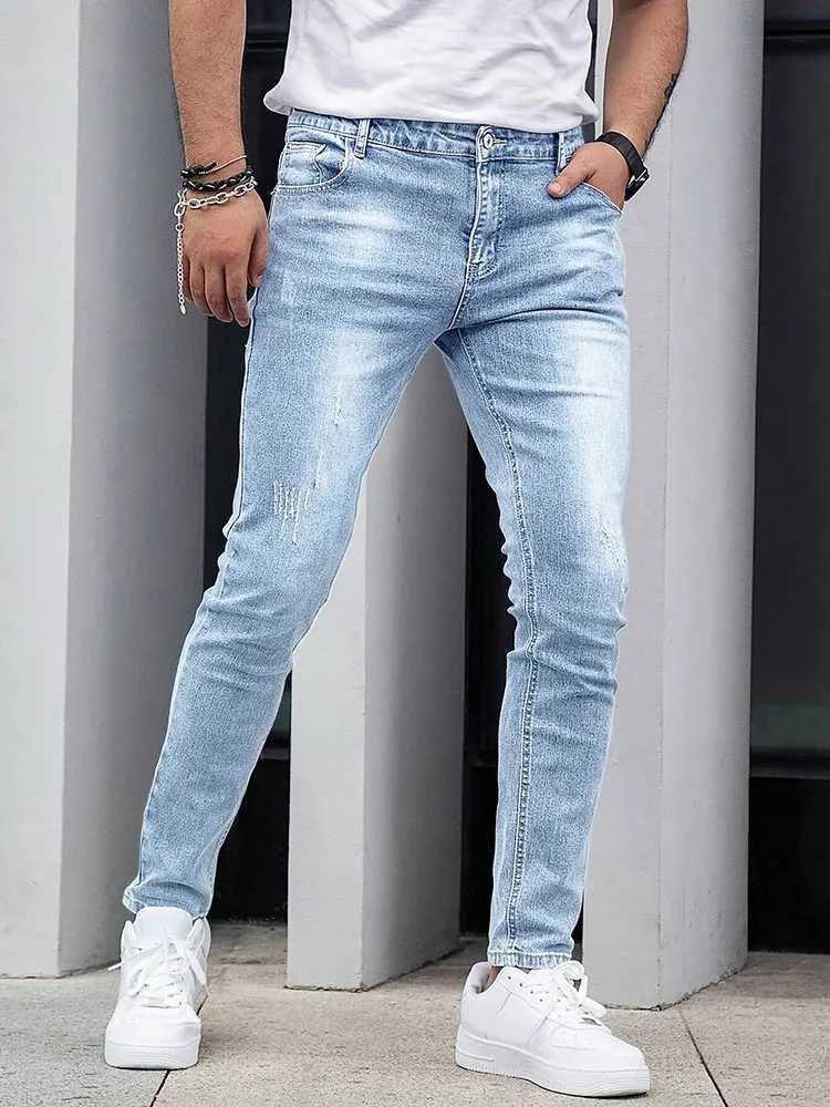 2025 Mens Slim Four-Season Washed Fashion Jeans Stretch Slim Fit Light Blue Gray Black Casual Denim Pants D260320