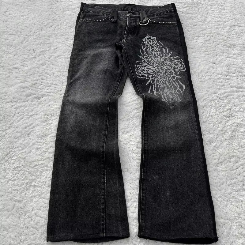 Men's Y2K Gothic Retro Double Waisted Flared Jeans Washed Black Distressed Denim Pants Unisex Streetwear High Waist Micro Flare Vintage Punk Hip 