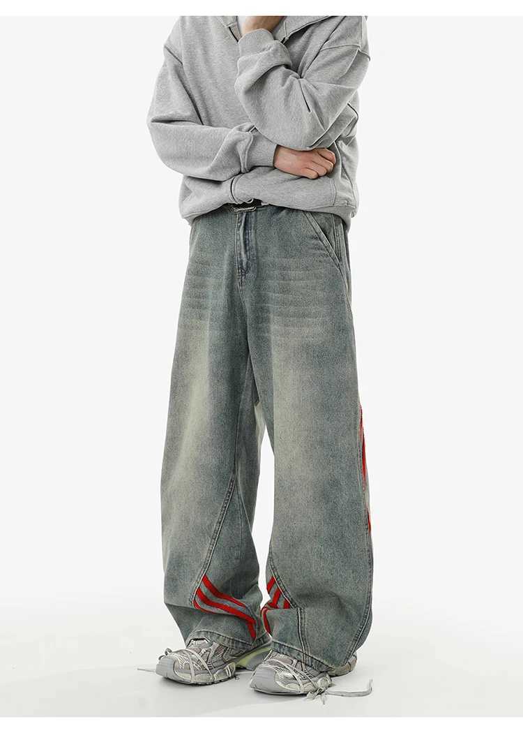 REBELOASIS American retro baggy wide leg jeans for men and women loose casual striped washed long pants D260320