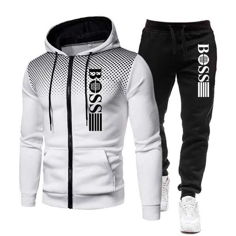 2026 New Mens zippered hoodie Casual Pants Set for Autumn and Winter fashion Fitness and Warm sportswear Two-piece set M260320