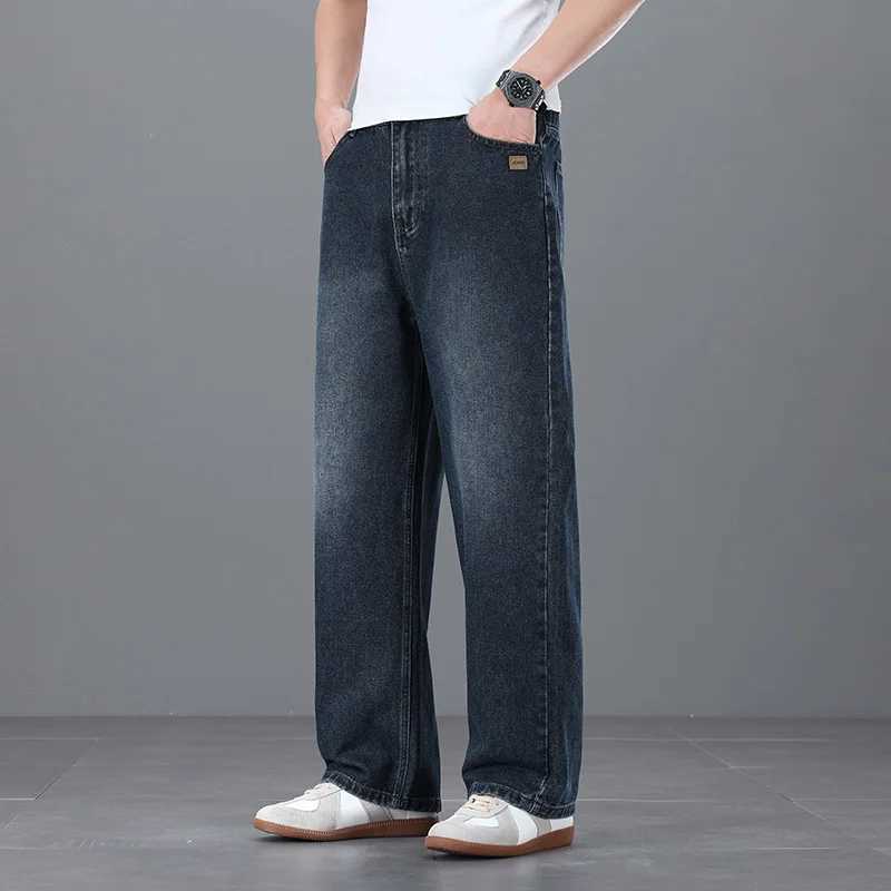 2026 New Korean Mens Casual Long Jeans Classic Man Loose Straight Denim Wide-leg Pants Solid Color Light Blue BlackGrey D260320