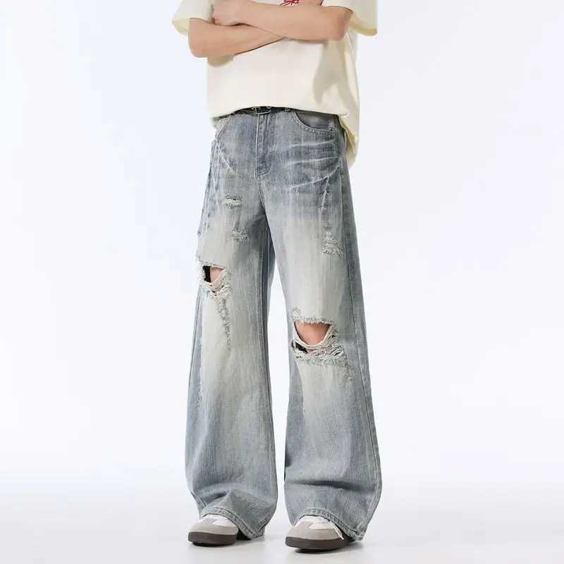 Male Ripped Pants Stretch Solid Blue Casual Mens Wide Leg Trousers Office Work Denim Pants Autumn Korean Vintage Straight Pants D260320