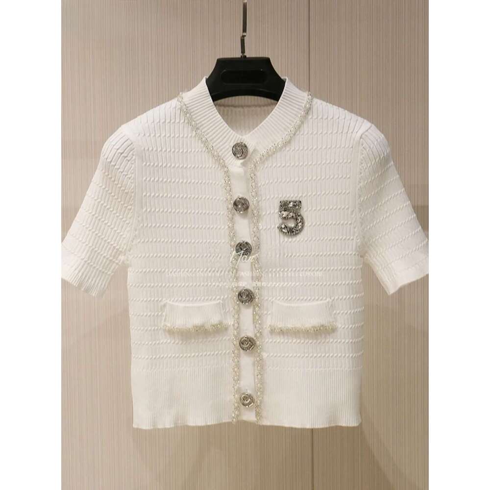 French-Style Fashion Round-Neck High-End Metal Buckle Short-Sleeve Sequin Knit Spring-Summer New Women's Slim Cardigan Top MAKOUFEI