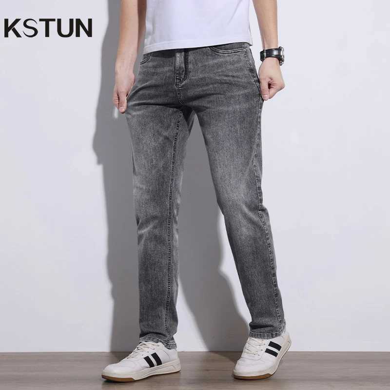KSTUN 2025 Spring Summer Jeans For Men Slim Straight Gray Light Blue Stretch Jeans Regular Fit Denim Pants Mens Clothing Cowboys D260320