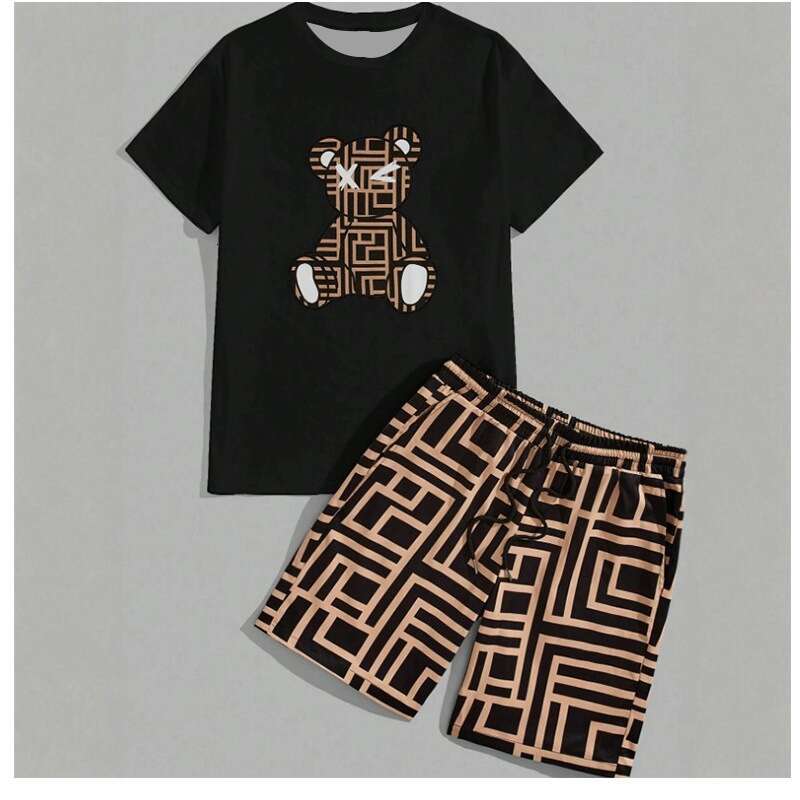 2026 Summer Casual Fashionable Breathable Sports Loose-Fit Quick-Dry Men's Short-Sleeve Hip-Hop Bear Print Set