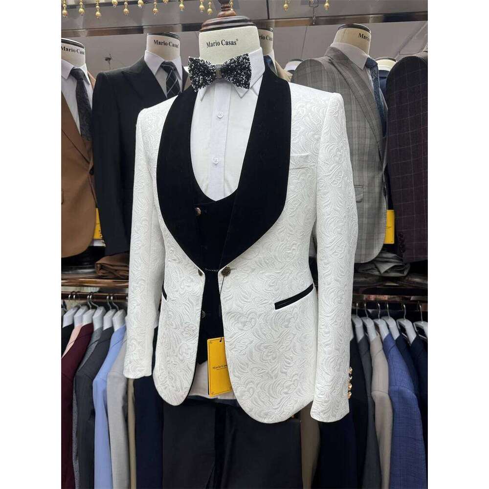 3 Pcs Floral Groom Tuxedo for Wedding Black Shawl Lapel Formal Men Suits Set Jacket with Pants Vest Ready to Ship ZD10