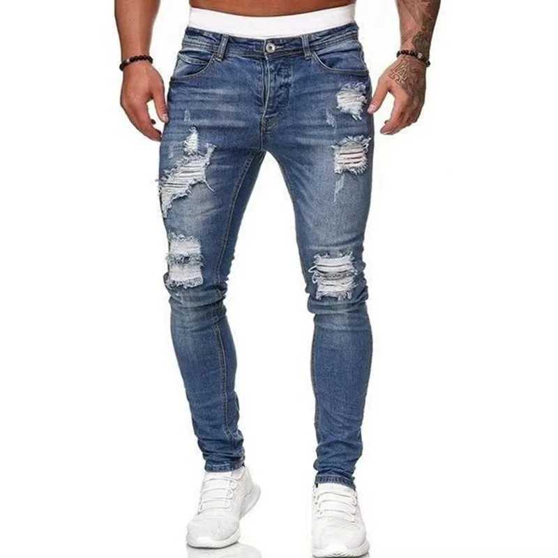 Men Fashion Street Style Ripped Skinny Jeans Men Vintage Wash Solid Denim Trouser Mens Casual Slim Fit Pencil Denim Pants 4XL D260320