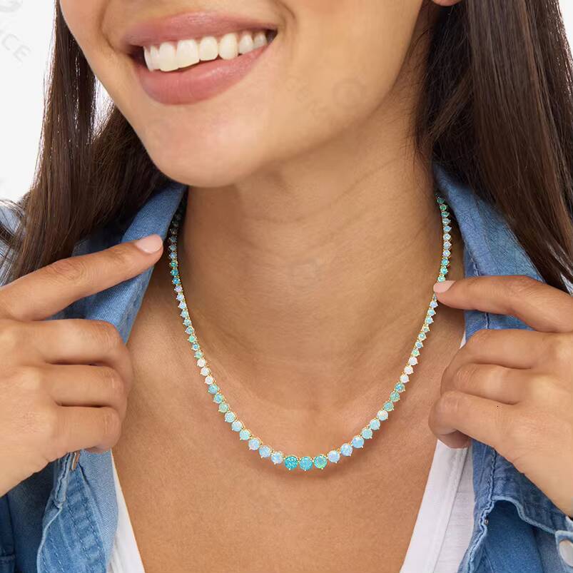 Gemnel Custom Quality Dainty Wholesale 18k Gold Plated Graduated Blue Opal Ombre Tennis Necklace