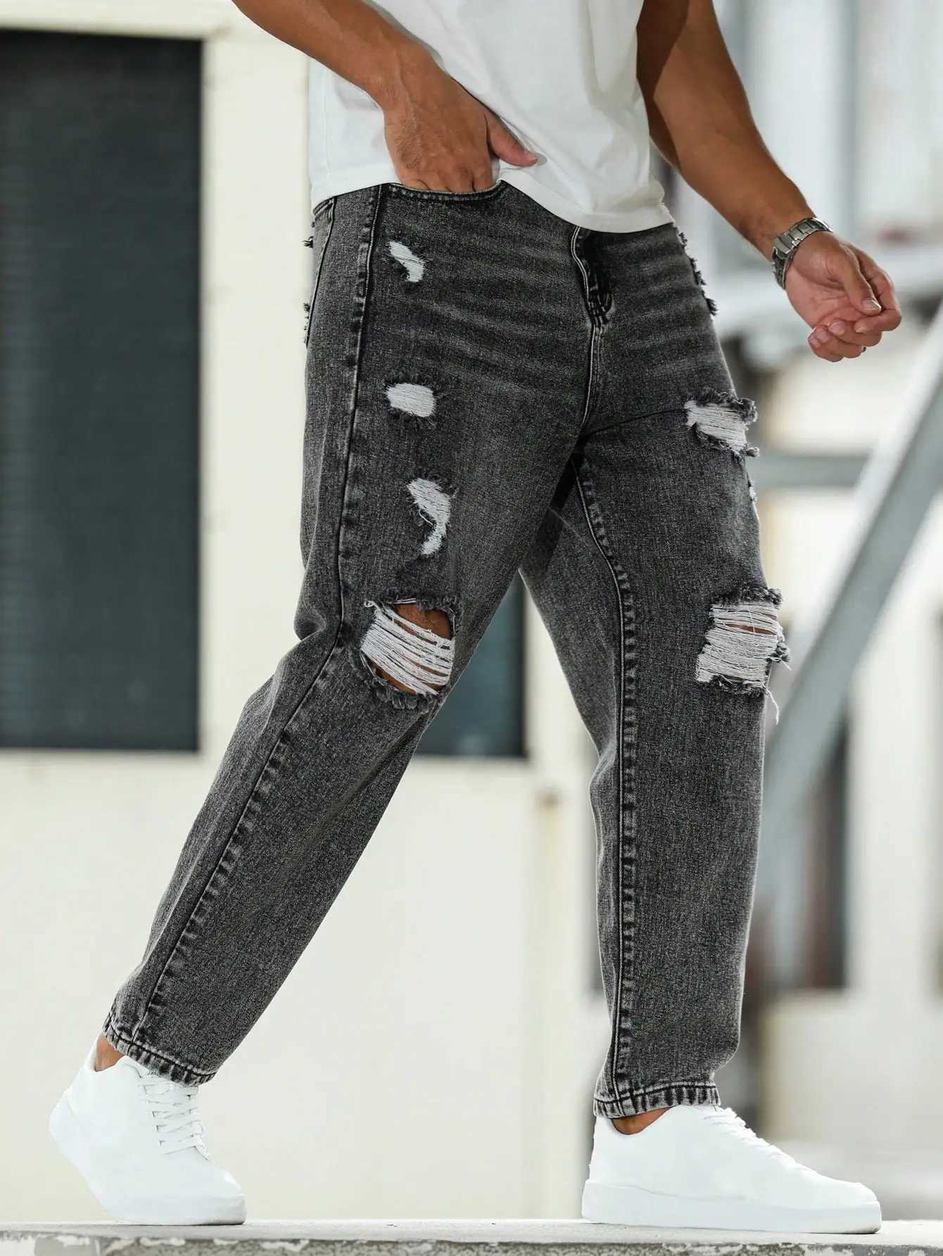 Mens ripped jeans for spring and autumn dark gray harem pants Street style Casual trend D260320