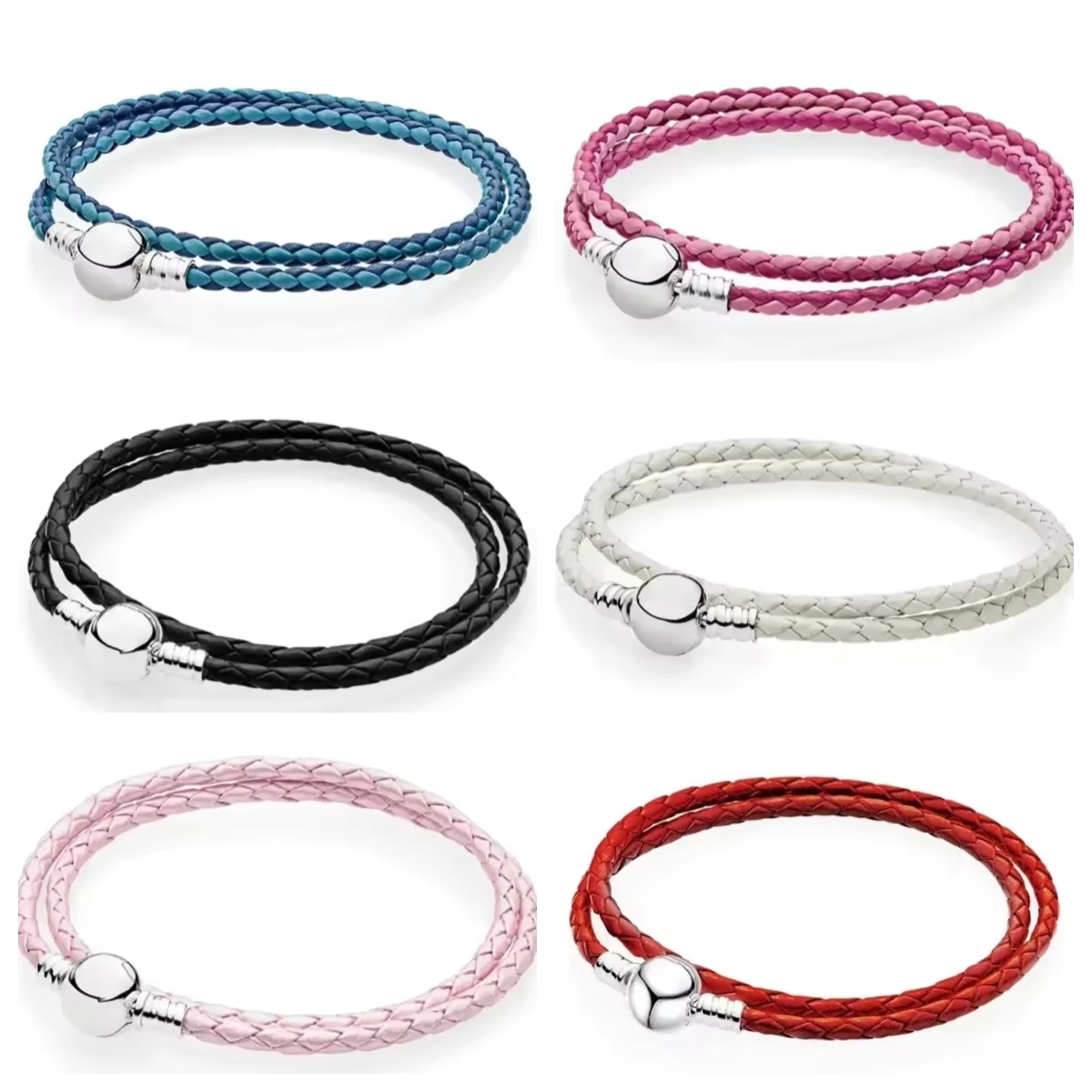 Fashion Classic 925 Sterling Silver Bracelet double circle cow leather round buckle bracelet FIT 925 Silver Charms DIY For Women