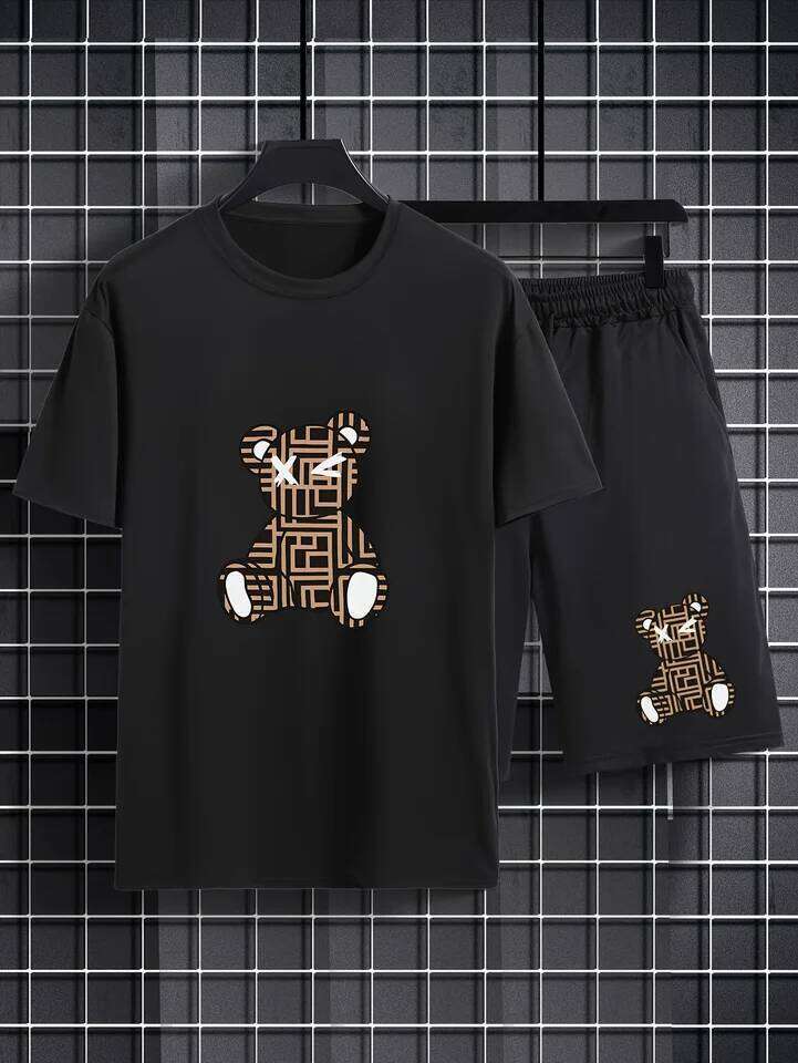 2026 Summer Casual Fashionable Breathable Sports Loose-Fit Quick-Dry Men's Short-Sleeve Hip-Hop Bear Print Set