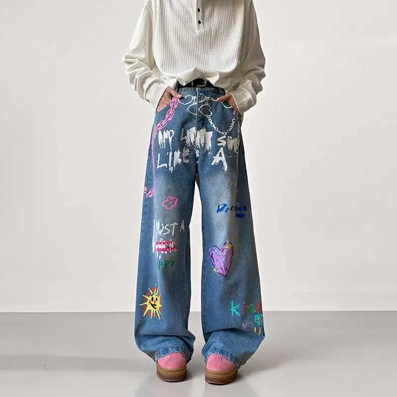 American Retro Graffiti Print Loose High Waist Mens Jeans Autumn Winter Korean Style Floor-Length Causal Trousers Wide Leg Pant D260320