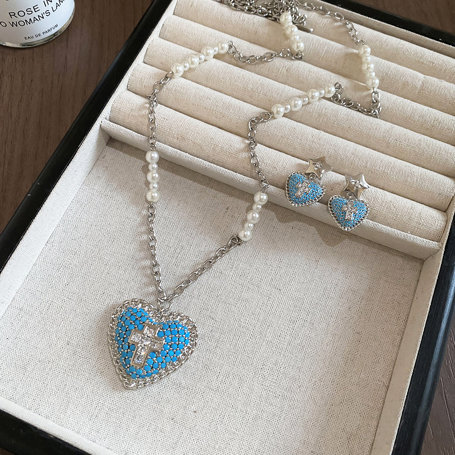 Sweet cool style zircon heart pearl earrings and necklace, personalized trendy jewelry set with a unique design, niche accessories - view 8