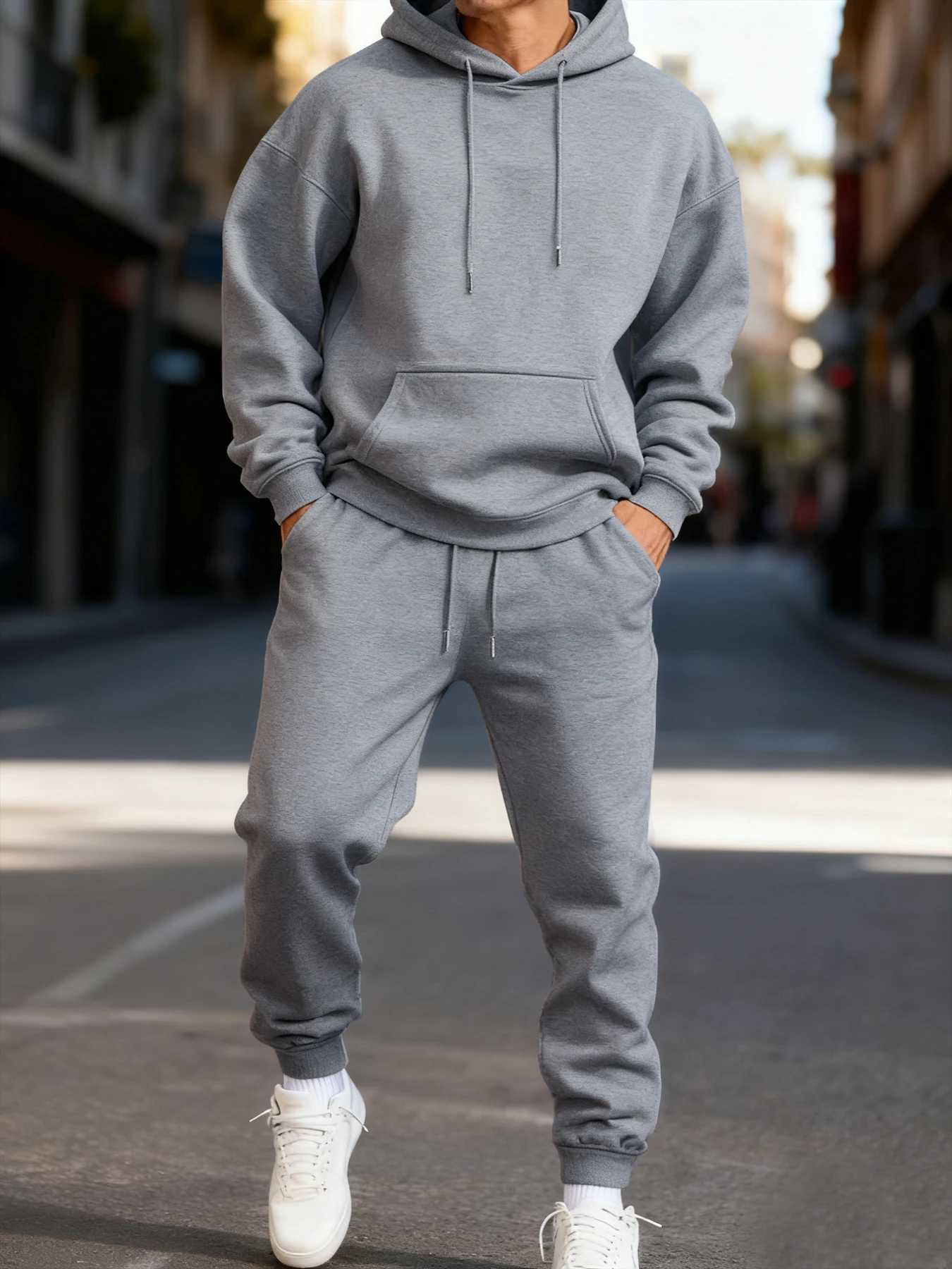 Mans Hoodie Set Winter Solid Color Two Pices Sets Long-Length Street Clothes Casual Sports Sweatpant Hoody Unisex Fashion Suit M260320