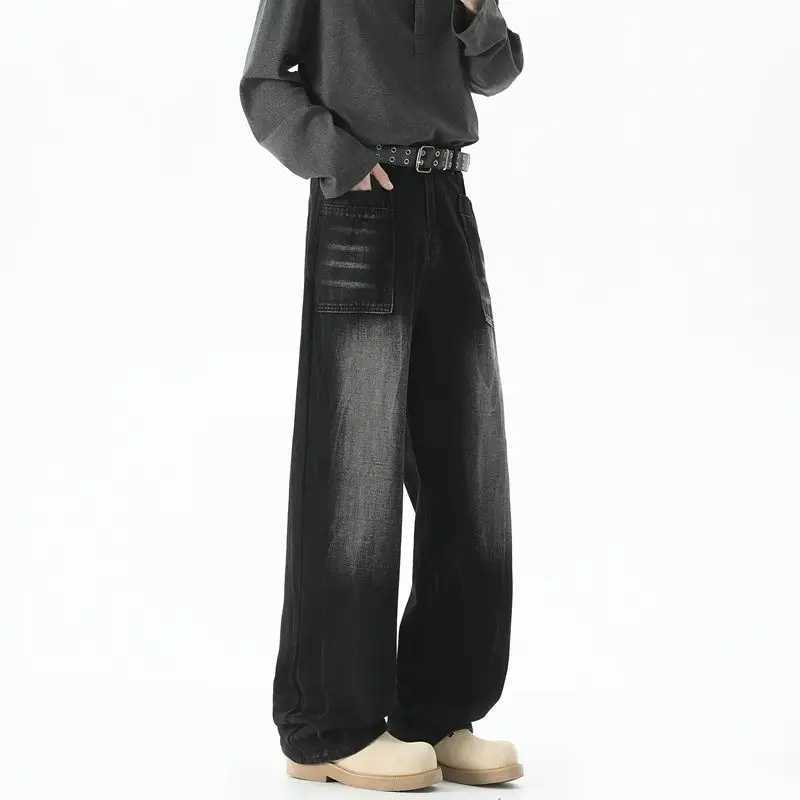 Mens Baggy Soft Casual Pants Gray Autumn Fashion Versatile Comfortable Stretch Straight Leg Jeans Male High Street Retro Jeans D260320