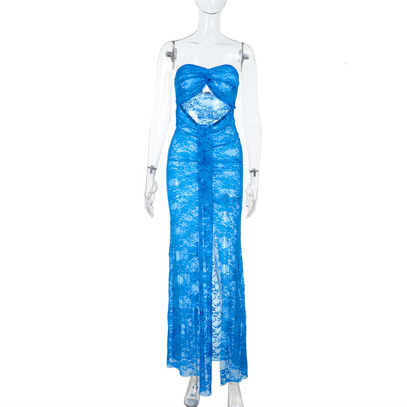 YL25105 Vacation Style New Lace Beach Dress Sexy Mesh Tube Top Hollow Out Sheer Long Dress