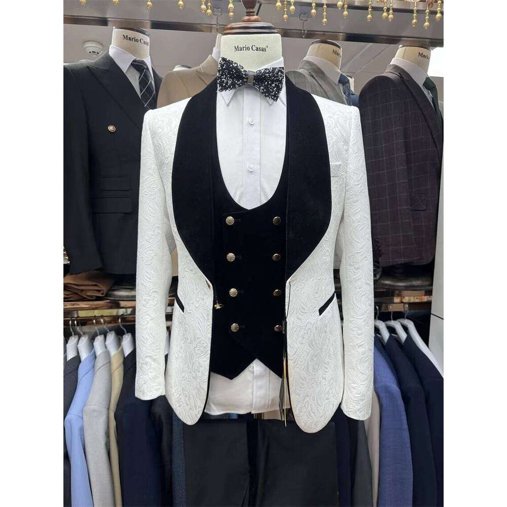 3 Pcs Floral Groom Tuxedo for Wedding Black Shawl Lapel Formal Men Suits Set Jacket with Pants Vest Ready to Ship ZD10
