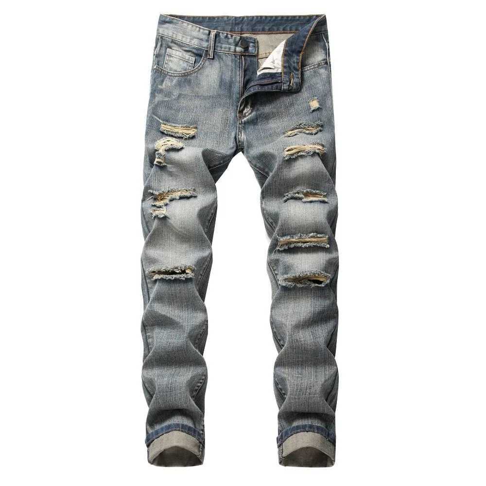 Punk Street Style Ripped Skinny Jeans Men Vintage Wash Solid Denim Trouser Mens Casual Slim Fit Pencil Denim Holes Pants 2024 D260320