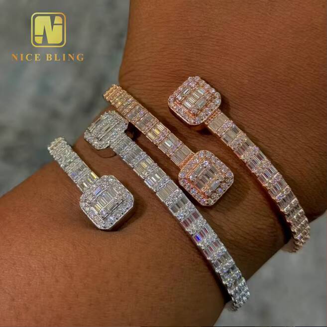 Fashion Iced Out Hip Hop Jewelry Bangle VVS Baguette Moissanite Diamond Cuban Link Chain 925 Sterling Silver Bangle Bracelet