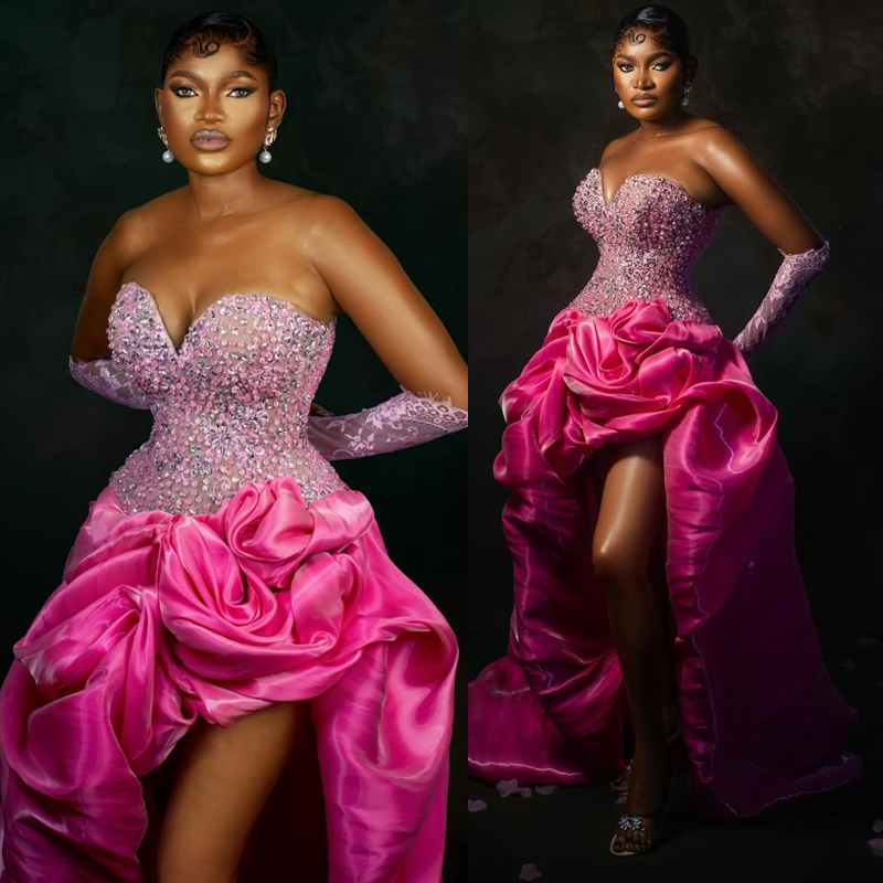 Aso Ebi Fuchsia Prom Dresses 2026 Mermaid Evening Dresses Formal Gowns For Black Women High-Low Beaded Lace Flora Crystals Birthday Second Reception G
