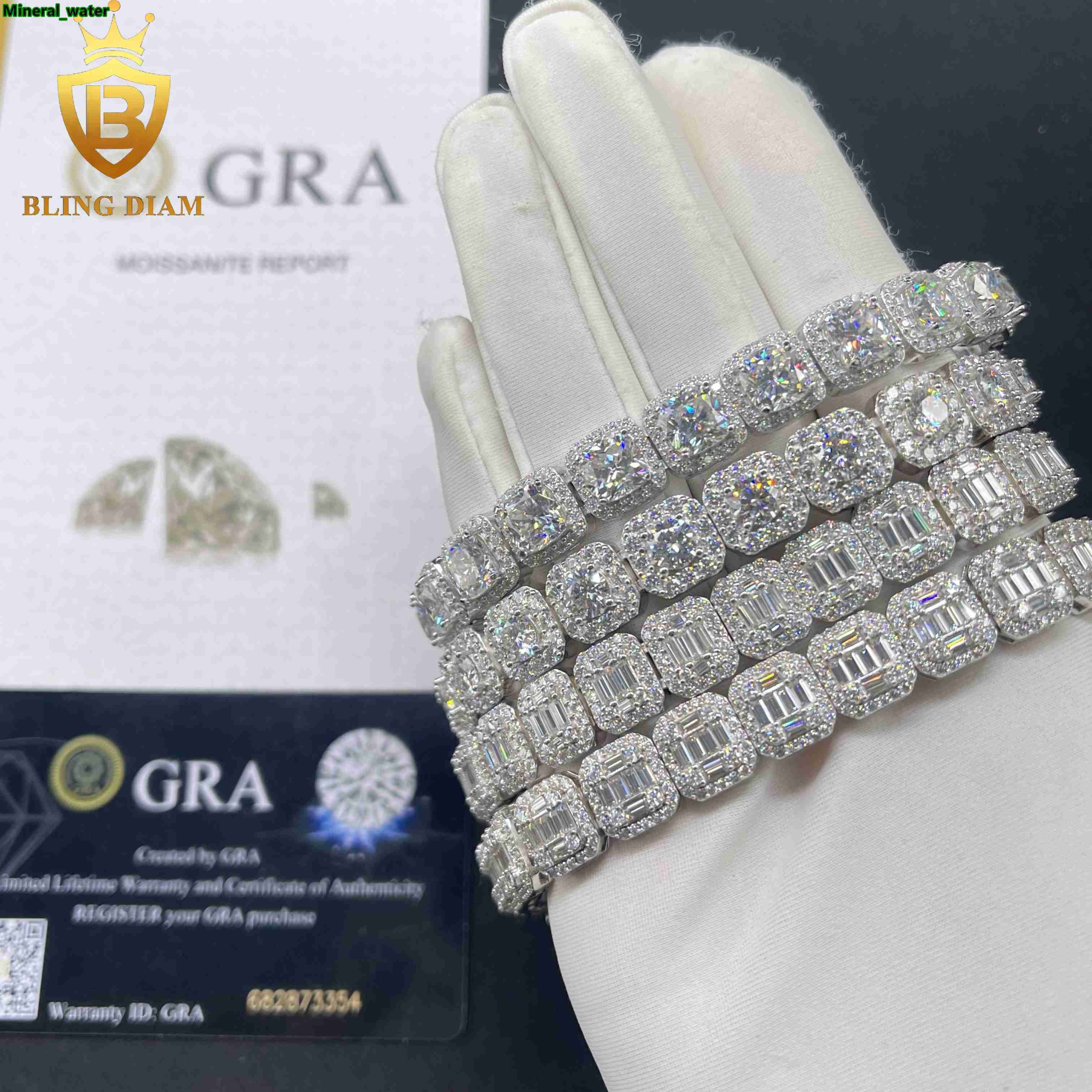 Cluster Iced Out Tennis Chains Baguette Hip Hop Jewelry 925 Silver Vvs Moissanite Gra Certificate Square Bracelet