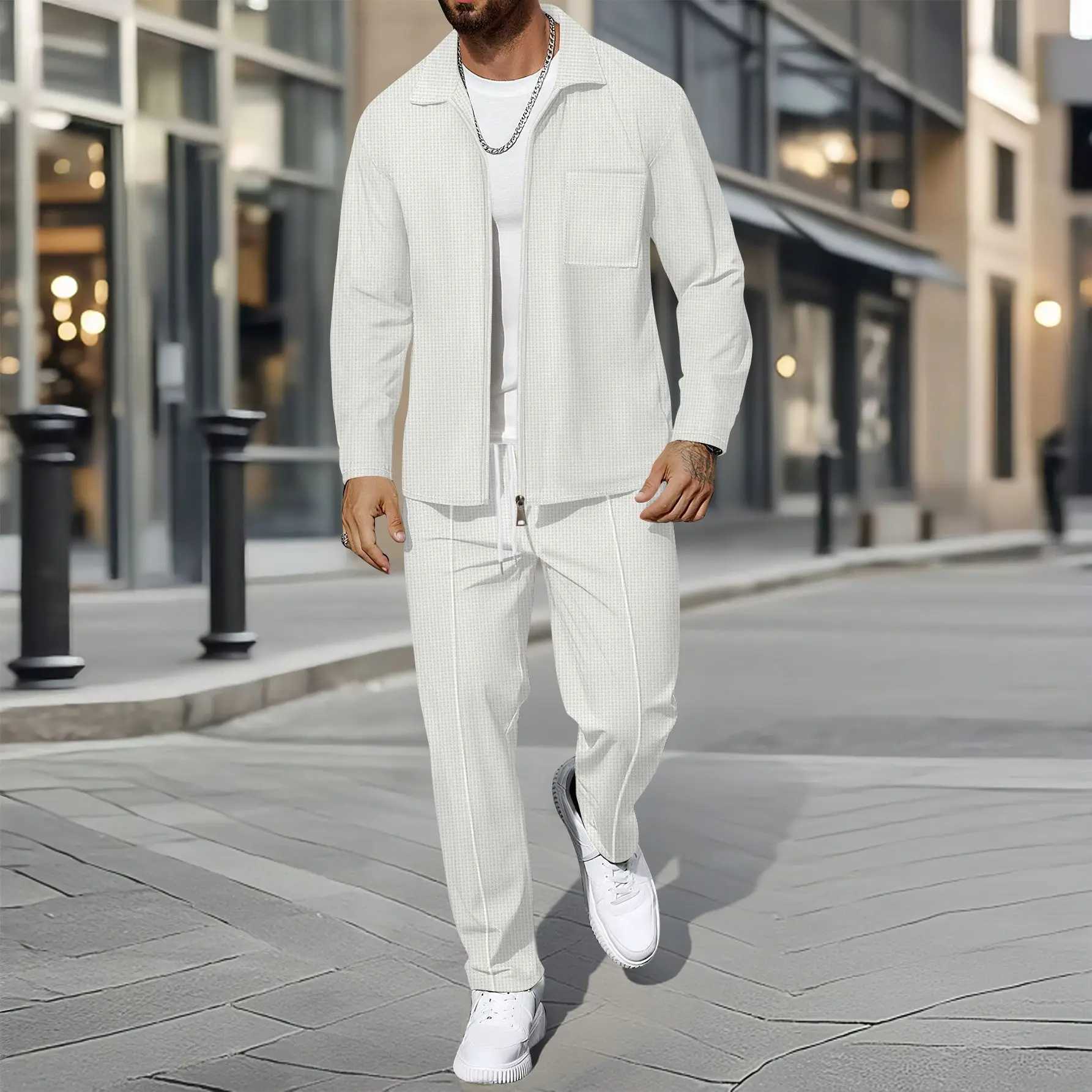 Mens Business Casual Two-Piece Set Spring Autumn Waffle Zippered Shirt Coat And Trousers Trendy Fashionable Outfit M260320