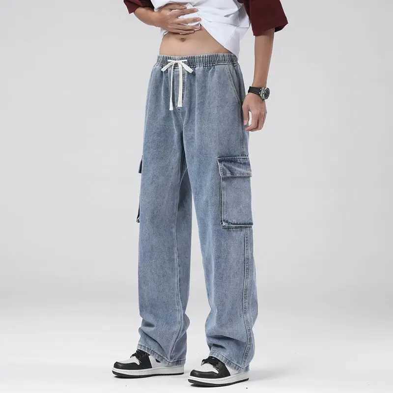 Mens Baggy Straight Cargo Jeans Elastic Waist Drawstring Casual Pants High Street Fashion Vintage Trousers Male Trendy Brand D260320