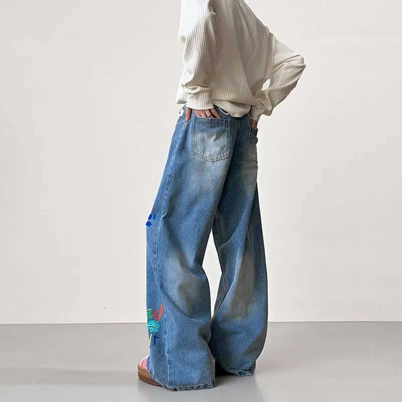 American Retro Graffiti Print Loose High Waist Mens Jeans Autumn Winter Korean Style Floor-Length Causal Trousers Wide Leg Pant D260320