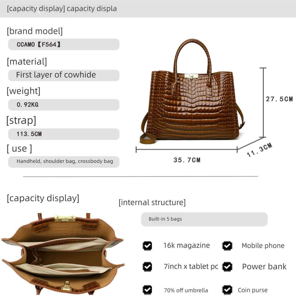 2026 New Light Luxury Niche Crocodile Pattern Women Handbag, Genuine Cowhide Hobo Tote Shoulder High-End Daily Commute Bag, Factory Direct Shipping SE