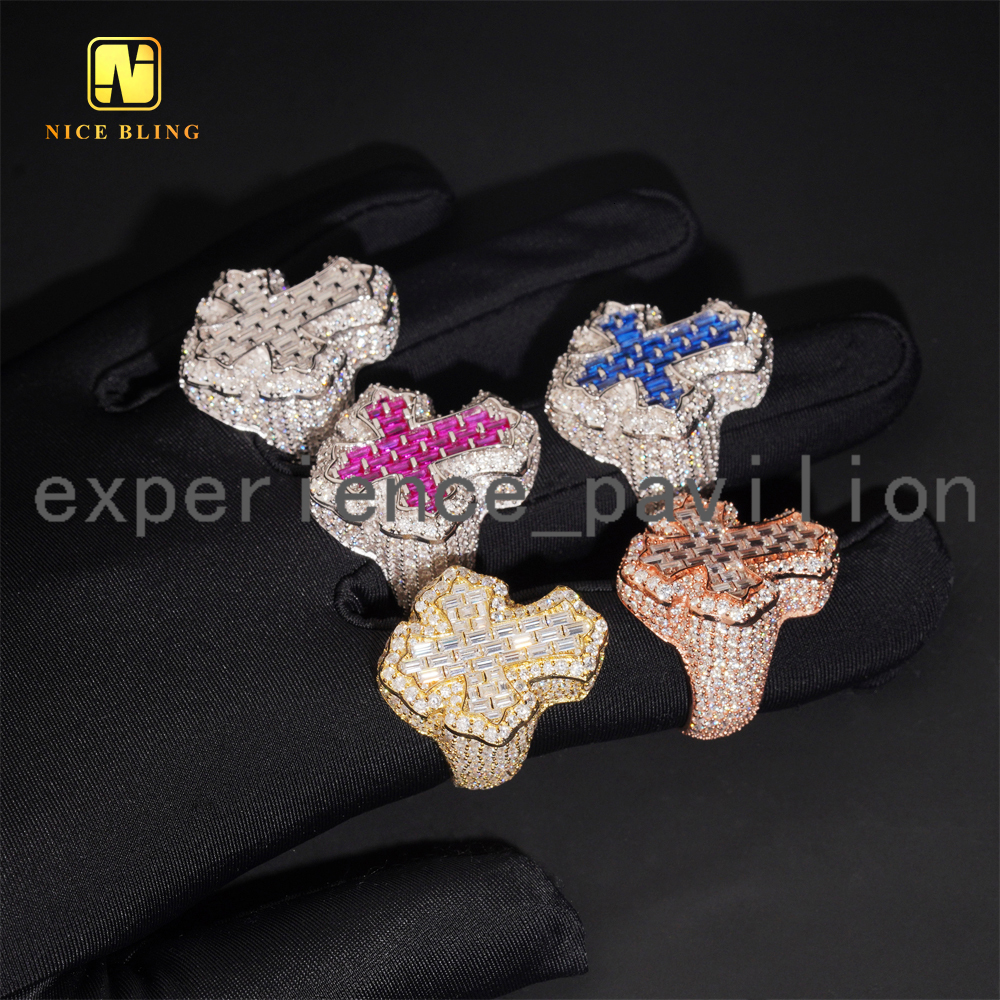 Baguette Iced Out Cross Shape Hip Hop Rapper Jewelry Ring Ruby Sapphire Full With VVS Moissanite Diamond 925 Silver Men Ring